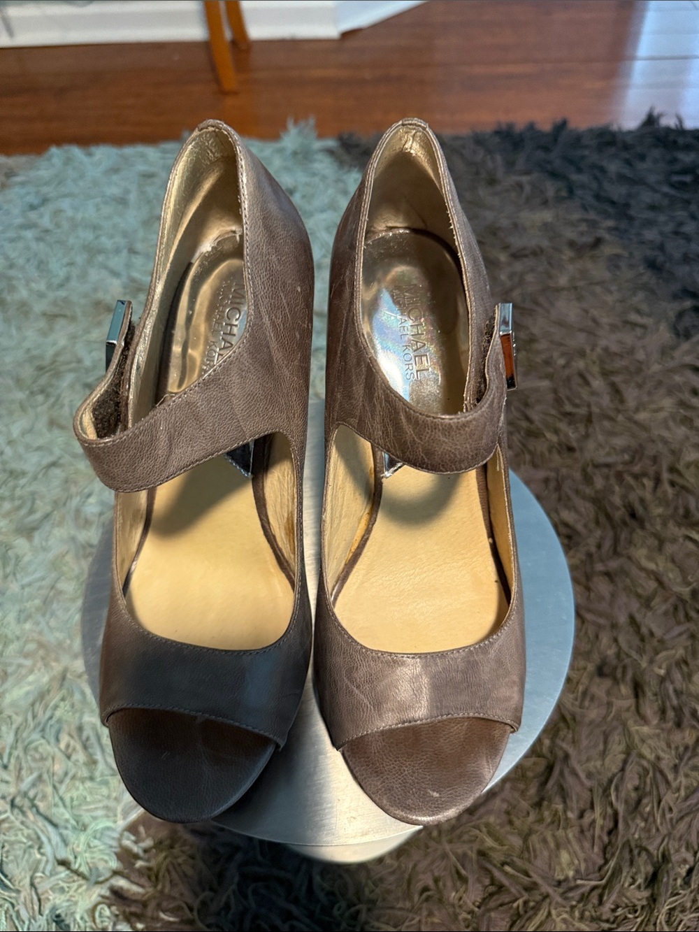 Michael Kors Gray Leather Mary Jane Peep-Toe Heels